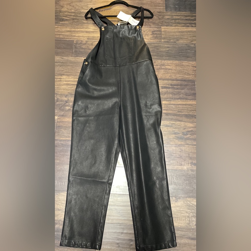 Black faux leather overalls